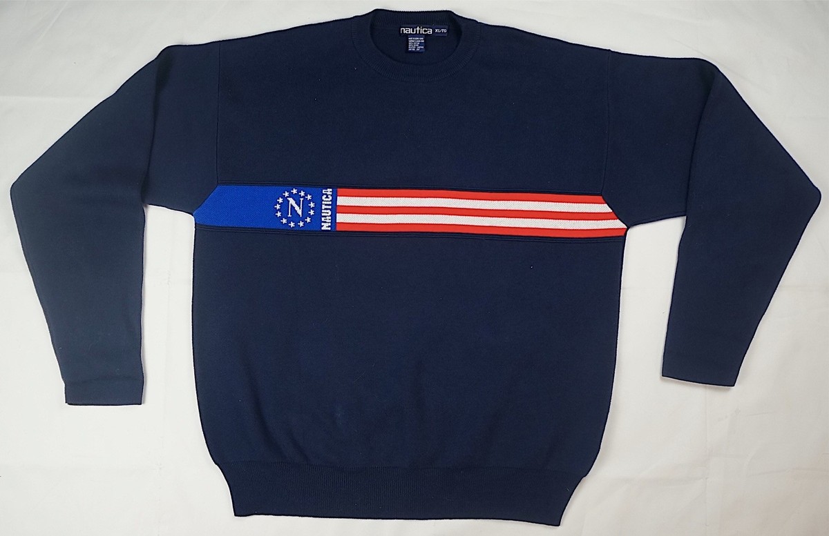 Rare Vintage NAUTICA Spell Out N Flag Stars Stripe Logo Knit