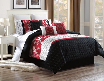 3pc Alex 7 Black Red White Swirls Embroidered Duvet Comforter Bed