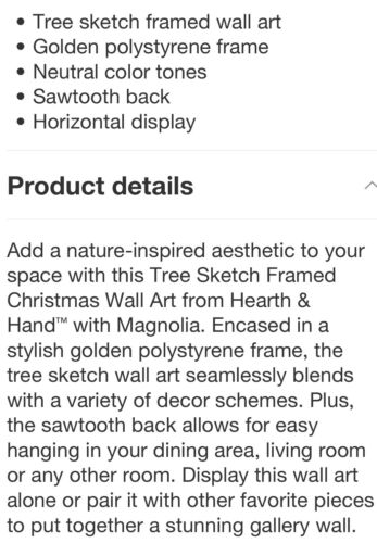 Hearth & Hand TREE SKETCH FRAMED CHRISTMAS WALL ART w Magnolia GOLD Green Nature - Picture 3 of 4