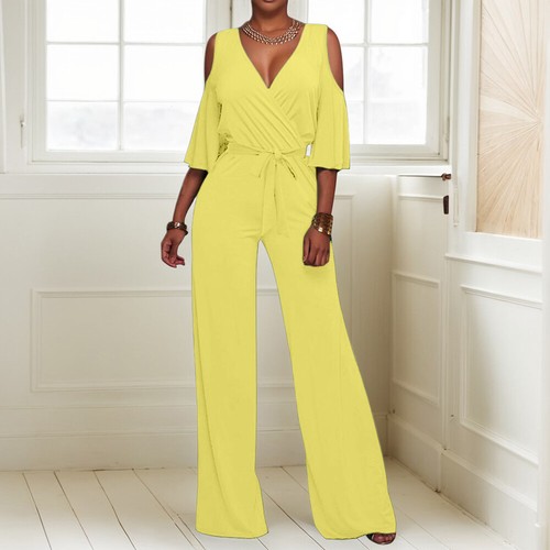 Women Sexy Cold Shoulder Jumpsuit Evening Party Cocktail Wide Leg Playsuit Pants - Picture 23 of 23