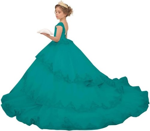 Tulle Flower Girl Dress lace Applique Princess Pageant Ball Gown with Train - Picture 21 of 22