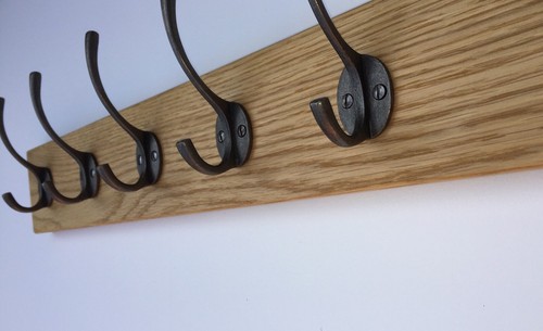 Antique Coat Rack Industrial Cast Iron Hooks Solid Oak Wood Vintage Wall Mounted - Picture 5 of 20