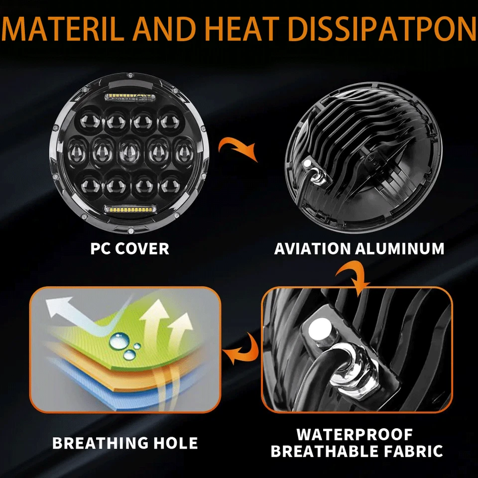 For Jeep Wrangler JK LJ TJ Pair 7" Round Led Headlights Hi-Lo Sealed Beam Newest — 第 4/4 张图片