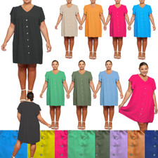 Women Italian V Neck Short  Frill Sleeve Front Button *MINI DRESS*  Tops UK 8-26