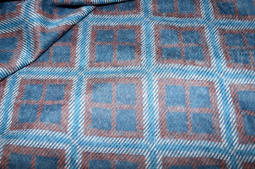 Vintage 70's Blue Squares with Orange Accents Wool Lined Fabric 2 Yd 20 in - Picture 4 of 6