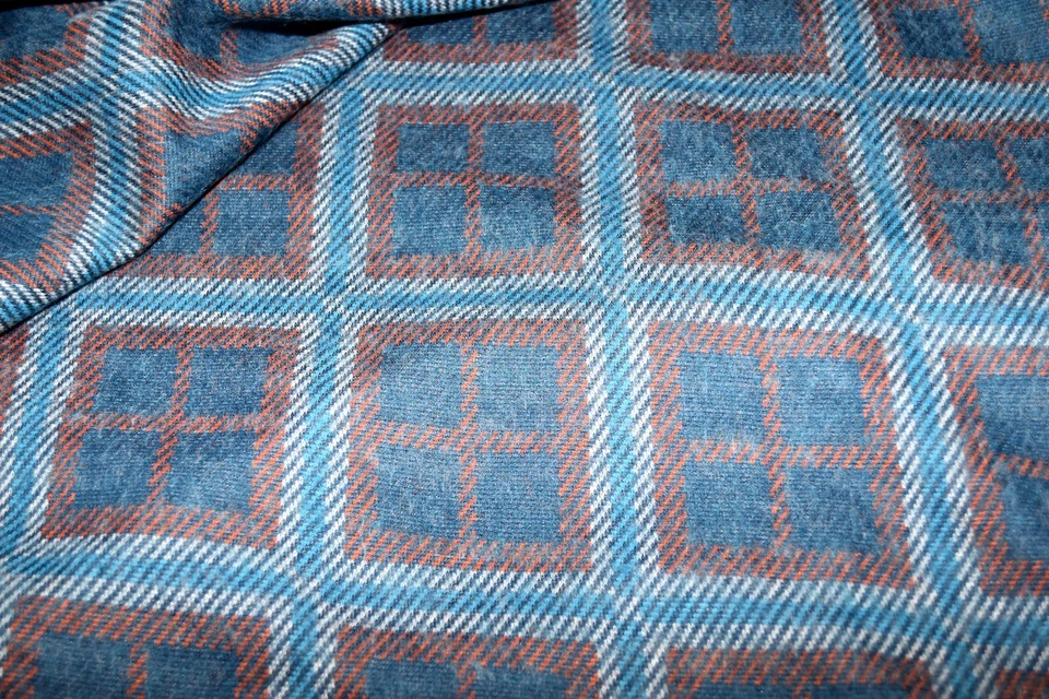 Tela forrada de lana vintage años 70 cuadrados azules con detalles naranjas 2 yardas 20 pulgadas Foto 4 de 4