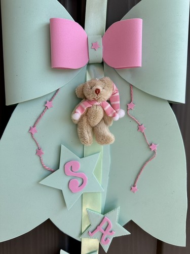 Coccarda ghirlanda fiocco nascita femmina bambina rosa nome cuore shabby orsetto - Foto 2 di 2