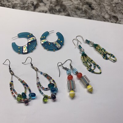 Lot Of 4 Colorful Costume Earrings Pierced Some Bead Dangle - Blue Green Etc