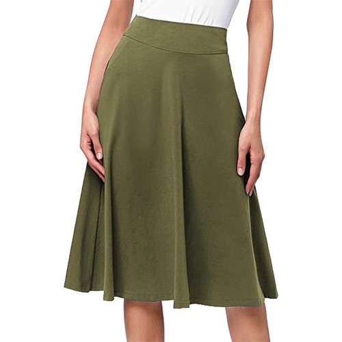 Women's Solid Flared Skirts Lightweight Elastic Waist Classic Knee Length Skirt - Picture 22 of 38