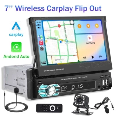 CAMECHO Single 1DIN 7" Car Stereo Radio Apple Carplay Android Auto Flip Out Touch Screen