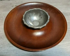 Atticus Wood 15” Platter And Metal Bowl Chip And Dip Serving Plate Dish Set