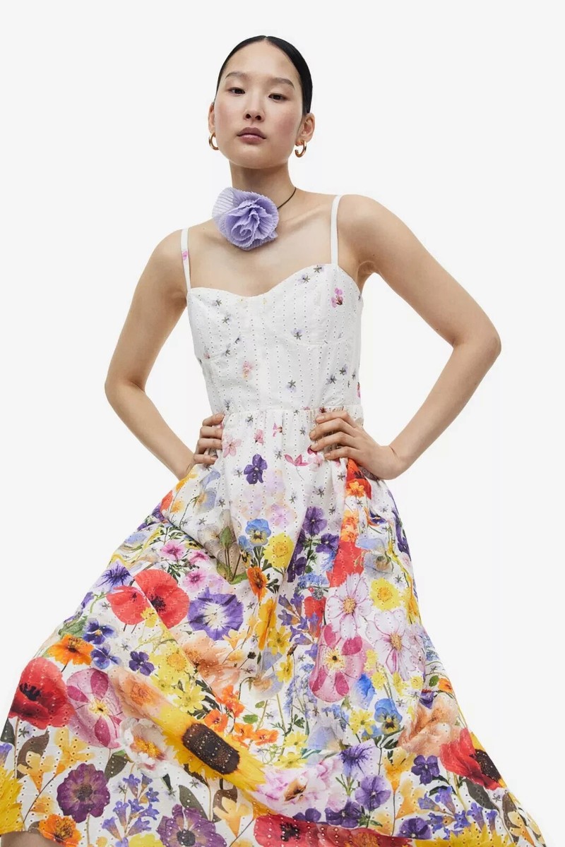 H&M Sangallo Abito Fiori Floreale Ricamato Midi Estate M Media 38