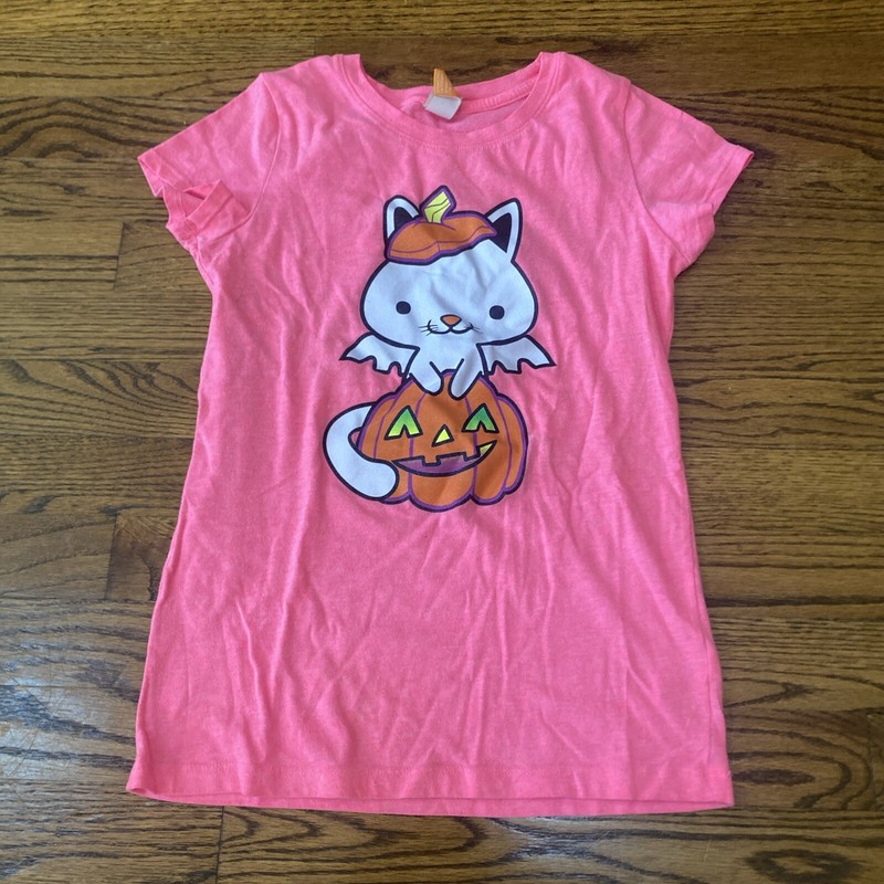 Halloween Cat In Pumpkin T-Shirt Neon Pink Girls Top Sz 10/12
