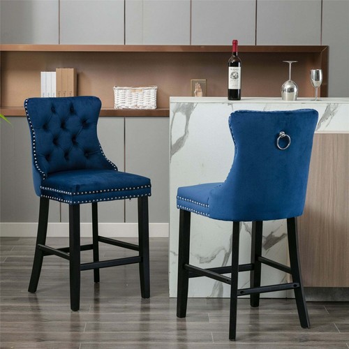 2X Velvet Bar Stools with Studs Trim Wooden Legs Tufted Dining Chairs Kitchen - Picture 43 of 66