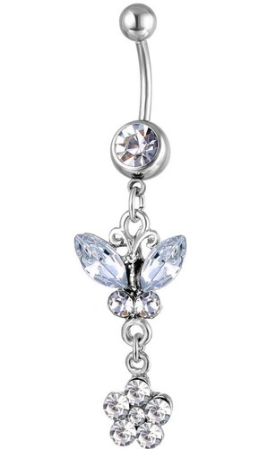 Barra pancia cristallo diamante trasparente placcato argento UK farfalla fiore penzolante - Foto 2 di 7