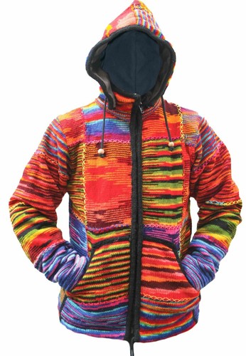 Men's Tie-Dye Patchwork Wool Hippie Hoodie Fleece Lined Winter Jacket - Picture 2 of 5