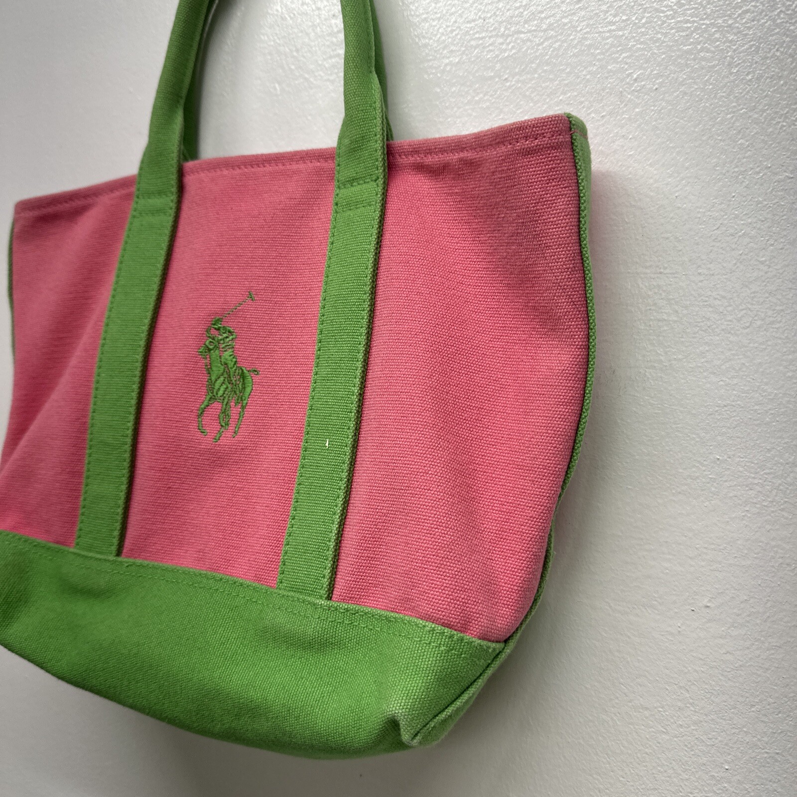 Polo Ralph Lauren tote bag mini borsa tela grande pony logo vintage rosa verde