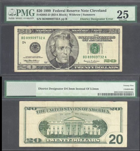 $20 1999 FRN, Fr. 2086-D SCARCE Engraving Error District Designator PMG VF 25 - Picture 2 of 3