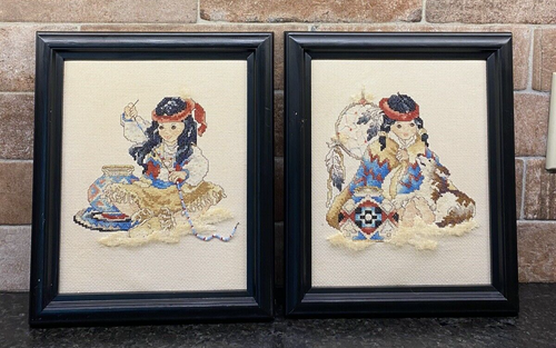 Vtg 90’s Native American Children Cross Stitch Black Framed Pictures 10 x 12 - Picture 12 of 12