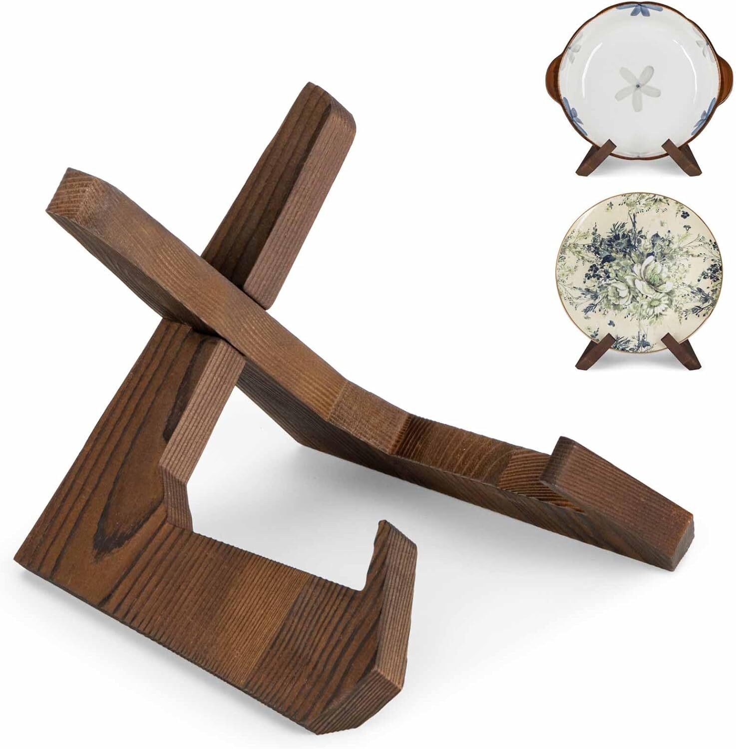 2Pack Acacia Wood Tabletop Plate Display Stand, Saucer Rack, Photo Frame Holder