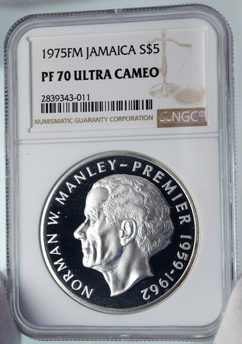 1975 JAMAICA Premier Norman W Manley VINTAGE OLD Proof Silver $5 Coin NGC i85232 - Picture 3 of 4