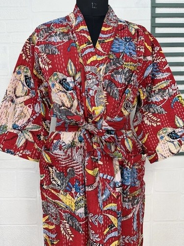 Indian Handmade Kantha Jacket, Soft Silk Kantha Jacket, Cotton Bath Robe Kimono - Picture 2 of 7