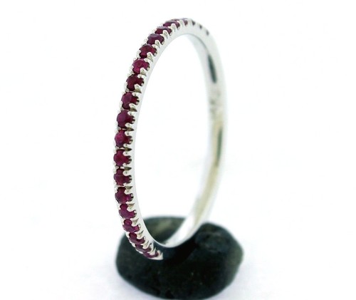 Half Eternity Ruby wedding band or stacking rings,comfort fit,U pave setting,14K - Picture 4 of 12