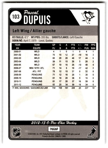 2012-13 O-Pee-Chee Rainbow Pascal Dupuis #103 Pittsburgh Penguins - Picture 2 of 2