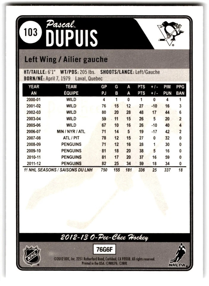 2012-13 O-Pee-Chee Rainbow Pascal Dupuis #103 Pittsburgh Penguins - Image 2 of 2