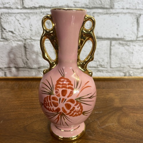 Vintage Le Pere Keramik OH rosa mit Tannenzapfen Trio Knospe Vase um 1940’ 1950’ - Bild 1 von 8
