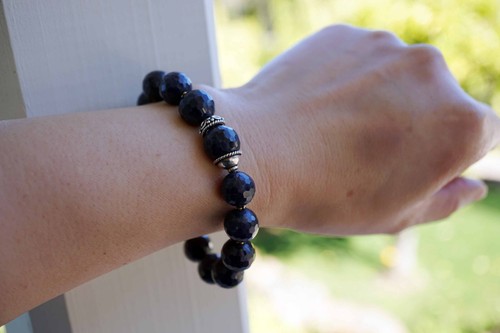 Blue Faceted Sapphire Sapphire Beaded Bracelet 12MM Silver Spring Ring Bracelet - Picture 8 of 10