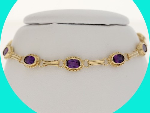 Natural Amethyst Station Bracelet 2.35CT 14K Yellow Gold 7” Long