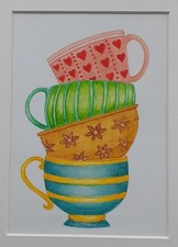 ORIGINAL WATERCOLOUR STACKED COLOURFUL TEA CUPS COFFEE MUGS PAINTING KITCHEN ART