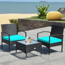 Patiojoy 3 PCS Patio Rattan Furniture Set Coffee Table & 2 Cushioned Chairs