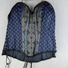 Steel Boned Corset Bustier Lace Up Blue Gold Brocade Gothic Steampunk Top