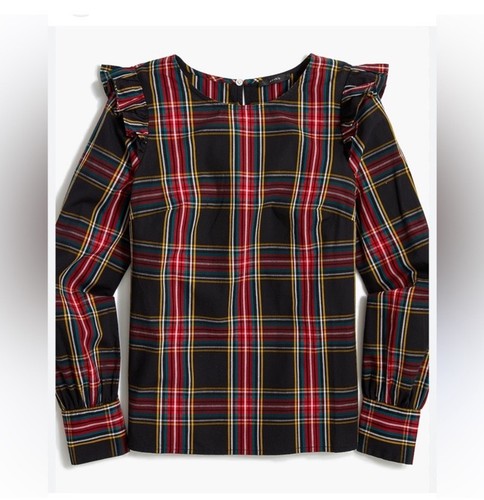 J. Crew Women’s Cotton Stewart Tartan Plaid ruffle top Small Sz 6 stretch - Picture 1 of 10