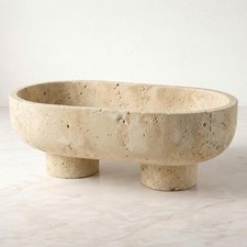 Natural Travertine Fruit Bowl with Stand, Island Centerpiece Kitchen Decor, Key
