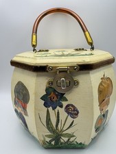 Vintage Wooden Box Purse Decoupage Folk Art Girl Lucite Handle 1960s 1970s