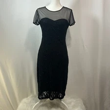 SCARLETT Black Lace Sheer Mesh Bodycon Midi Cocktail Dress Size 6