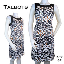 Talbots Sheath Dress 6 Petite White Black Geometric Sleeveless Stretch Cotton