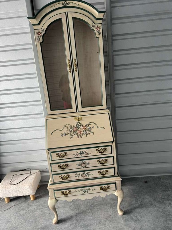 Maddox Hand Painted Secretary Desk With Mirrored Bookcase Hutch Top