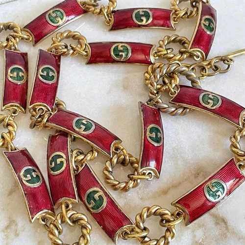 GUCCI Vintage Interlocking Chain Belt Gold Enamel Italy 91cm