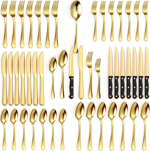 49 Piece Gold Silverware Set - Service for 8 - Stainless Steel Gold Flatware ...