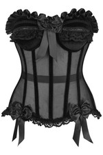Black Mesh  Velvet Steel Boned Overbust Corset Bustier w/ Bows  Lace Pin up