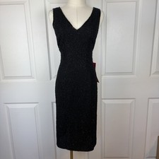 JMD New York Black Beaded Cocktail Formal Midi Dress V Neck Size Medium