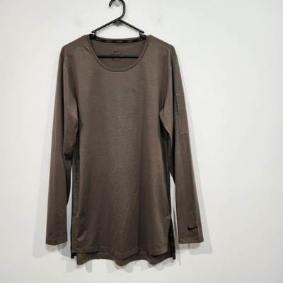 Nike Dri Fit Womens Long Sleeve Activewear T-Shirt Size M Long Line Olive 