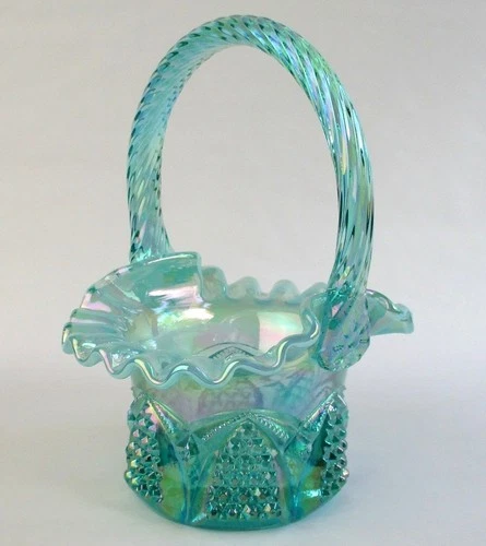 Fenton Glass sm. basket teal green iridescent hobnail arches opalescent ruffles
