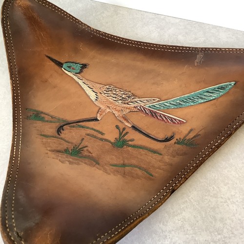 VINTAGE Hand-tooled LEATHER Camp Tripod Stool SADDLE SEAT COVER Roadrunner GREAT