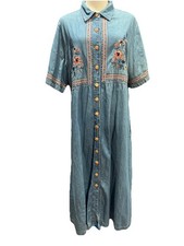 Vintage Cottagecore Denim Dress Embroidered Button Down Pockets Midi Floral 1X