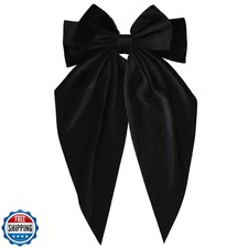 Black Velvet Large Hair Bow Long Tail Bowknot Hair Barrette Clip 8.26 Inch Wo